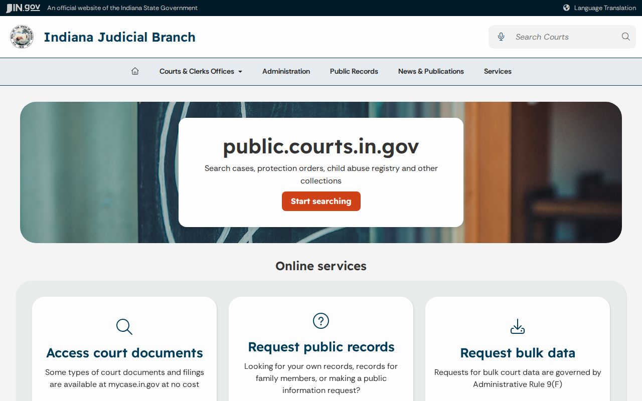 Indiana Judicial Branch public records page directing requests to local clerks