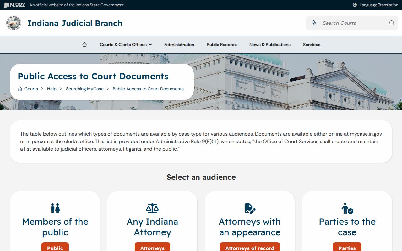 Indiana MyCase guidance on online and courthouse document access