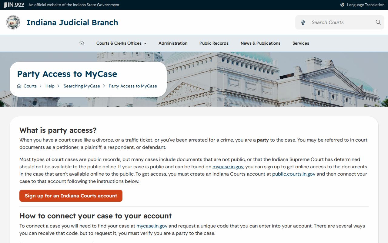 Indiana MyCase party access code and identity verification guidance