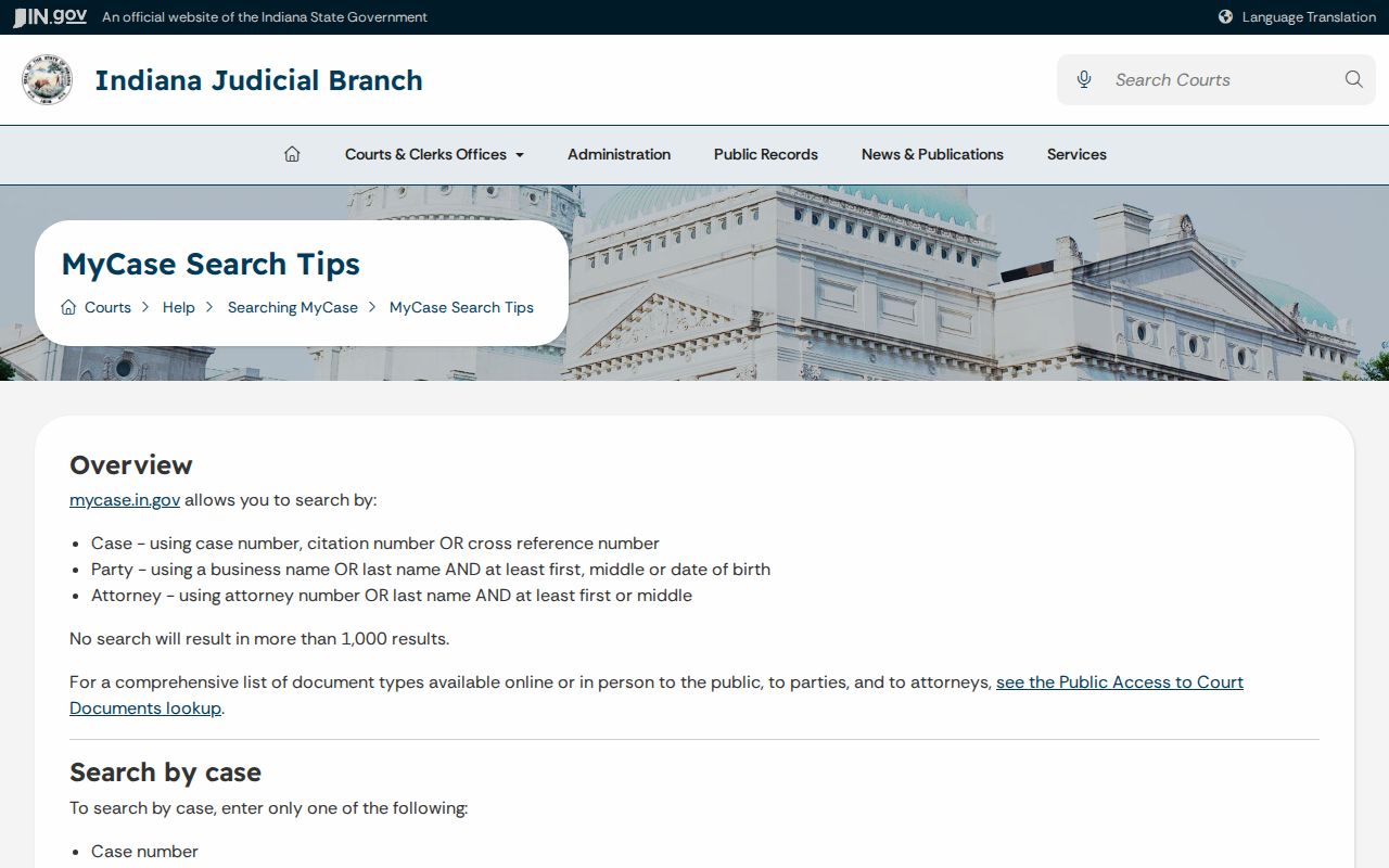 Indiana Judicial Branch MyCase search tips and field guidance