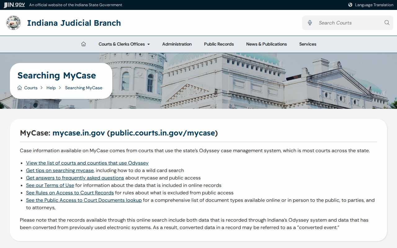 Indiana MyCase help page for Lawrence County warrant research